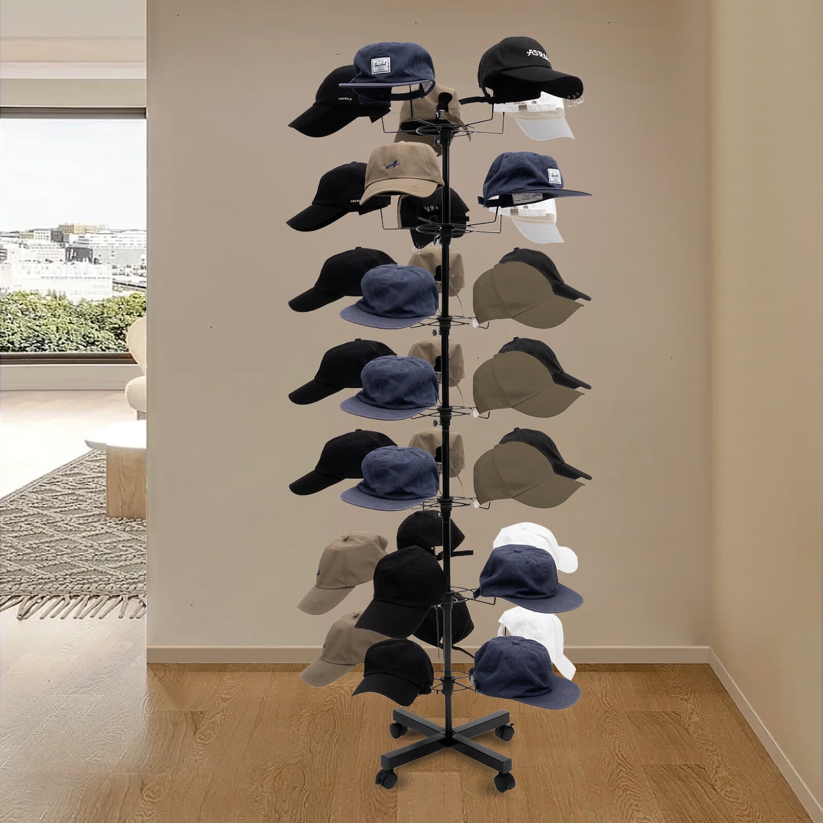 YIYIBYUS 7-Tier Hat Rack Black Movable Cap Display Stand with 4 Wheels ...