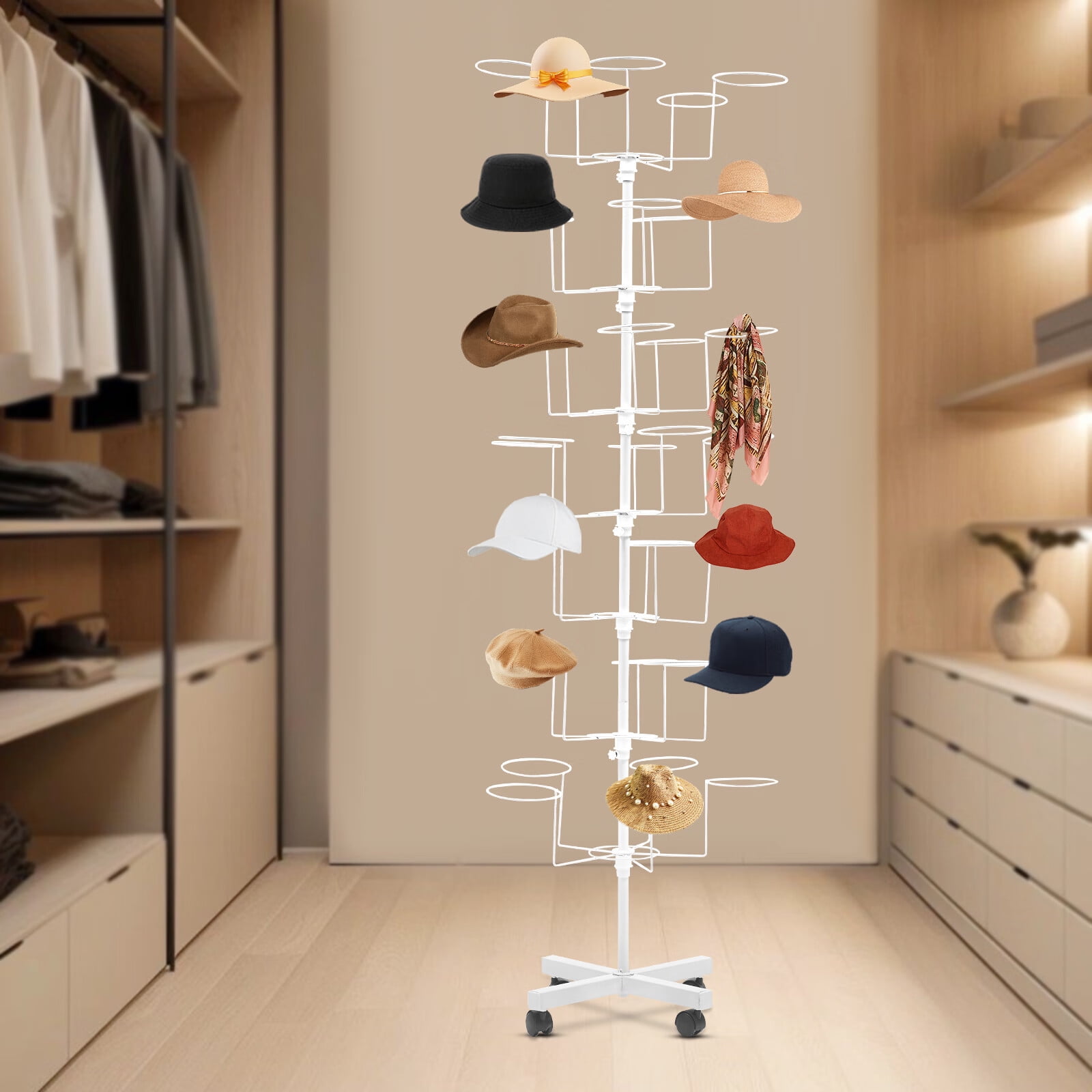 Hat Rack Motorized YIYIBYUS 7-Tier Hat Rack White Movable Cap Display Stand with 4 Wheels ...