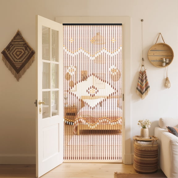 YIYIBYUS Boho Rustic Wooden Bead Curtain 35.43*81.89in Bamboo and Wooden Doorway Beads, Room Blind Screen for Porch Bedroom Living Room Bathroom