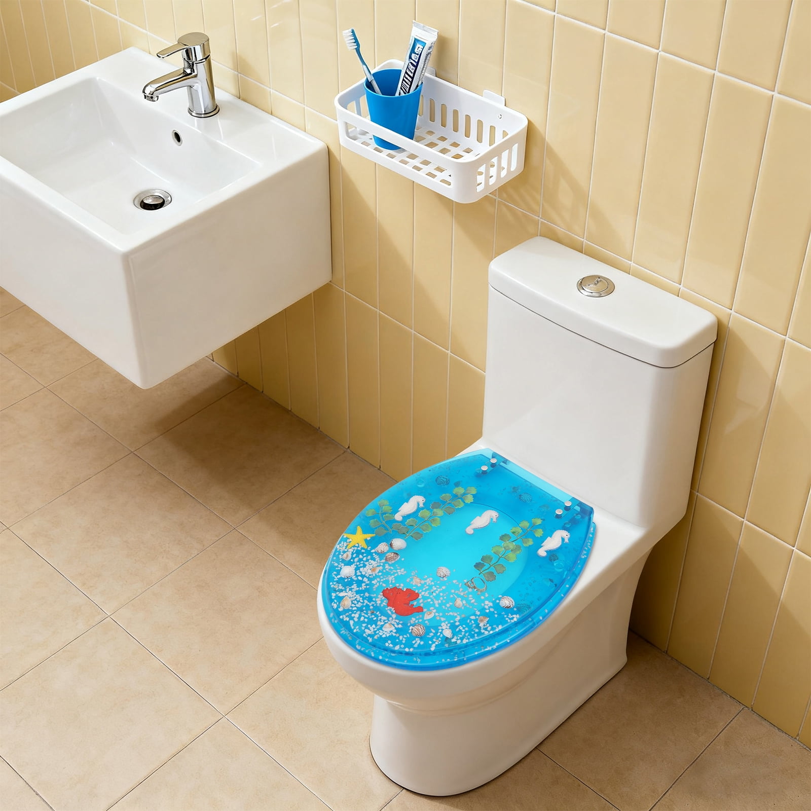 YIYIBYUS Clear Resin Toilet Seat Marine Blue Style Handmade Art Decor 220lb Capacity Universal Fit for Most Lower-Locked Toilets Easy to Clean, Modern Bathroom Upgrade