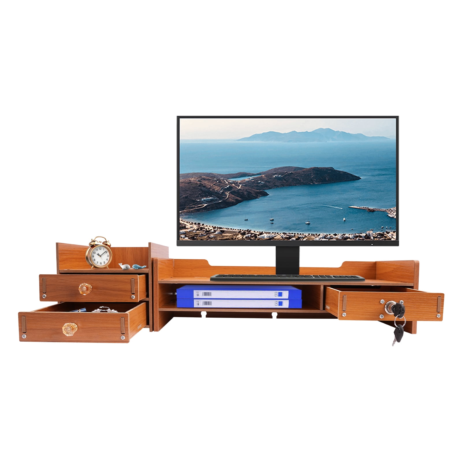 YIYIBYUS Computer Monitor Stand Riser Study Office Desk Organizer Wood Computer Rack with Drawers