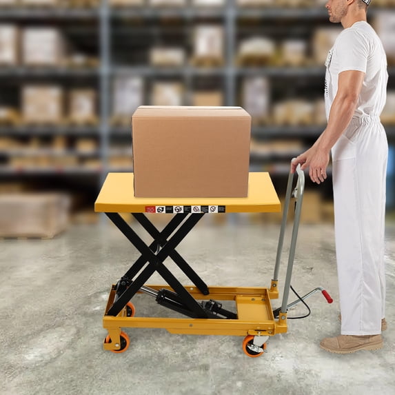 YIYIBYUS Hydraulic Scissor Lift Table, Single Scissor Hydraulic Lift Table, Hydraulic Lift with Locking Wheels for Material Handling and Transportation 500 Lbs Capacity Yellow