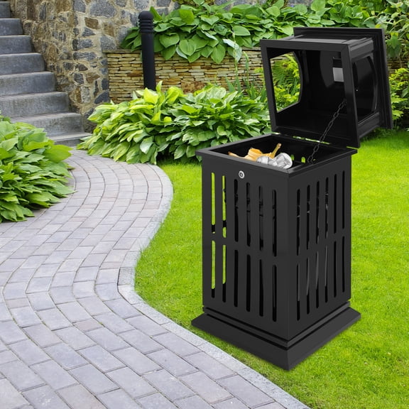 YIYIBYUS Outdoor Trash Can Modern Black Freestanding Commercial Garbage Bin with Dual-Sided Open Design for Patios, Parks, Lobbies, Malls