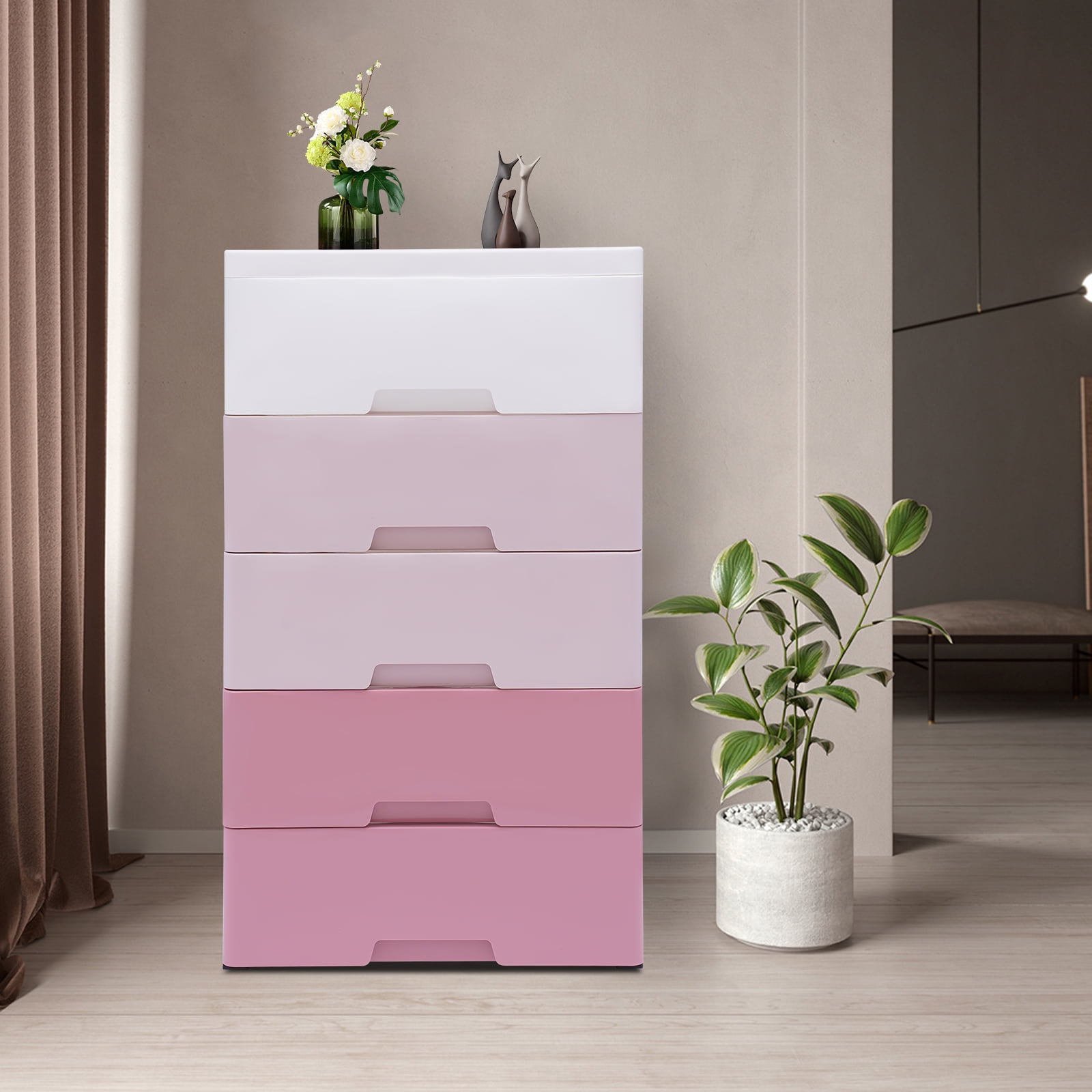 YIYIBYUS Plastic Drawer Storage Cabinet Pink Dresser Clothes Closet Bedside Table Organizer for Entryway Bedrooom Furniture