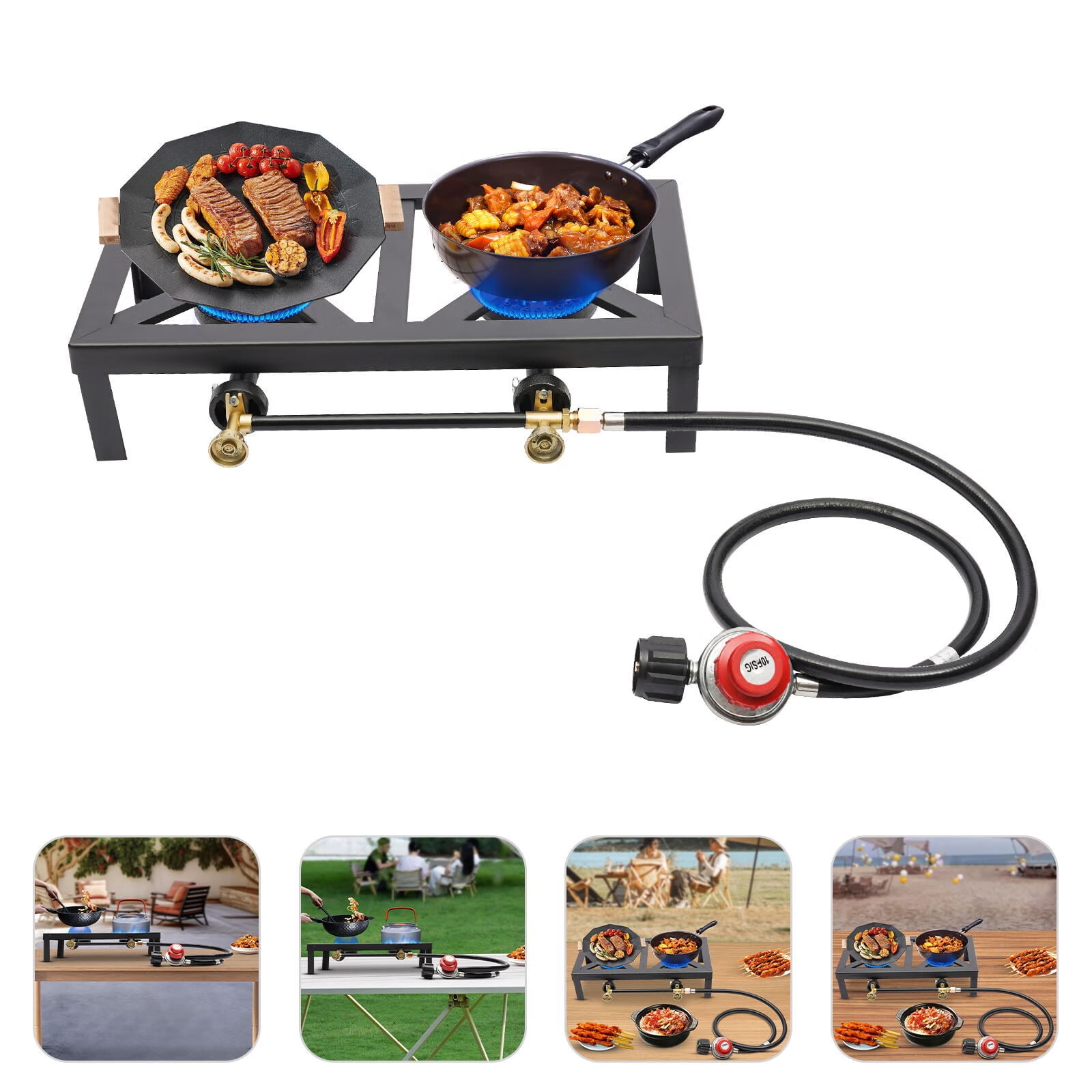 Portable Double Burner Outdoor Gas Stove Hiking Fishing Propane Gas Cooker  With Hose For Patio Camping