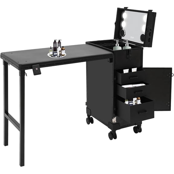 YIYIBYUS Portable Rolling Manicure Table for Nail Teach w/Audio & Mirror, Professional Makeup Storage Manicure Dressing Table with Wheels 4 Drawers, Cosmetology Travel Case Workstation Artist