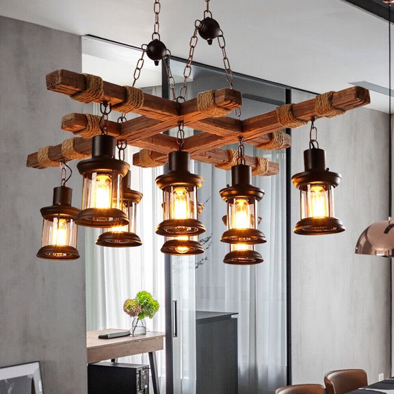 YIYIBYUS Retro Chandelier 8-Head Ceiling Light Vintage Wood Pendant Lamp for Living Room Farmhouse Cafe Bar Loft