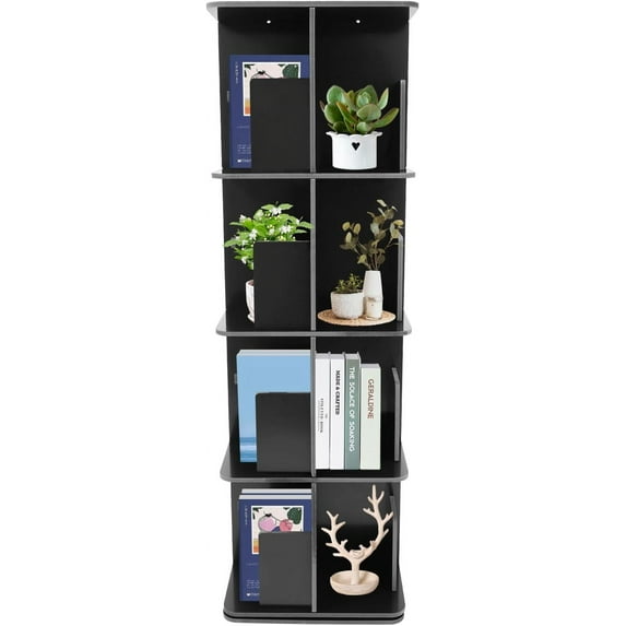 YIYIBYUS Rotating Bookshelf Tower, 360 Display 4-Tier Floor Standing Bookcase Storage Rack for Kids & Adult, Wood Narrow Revolving Bookcase Book Shelf Organizer for Bedroom, Living Room (Black)