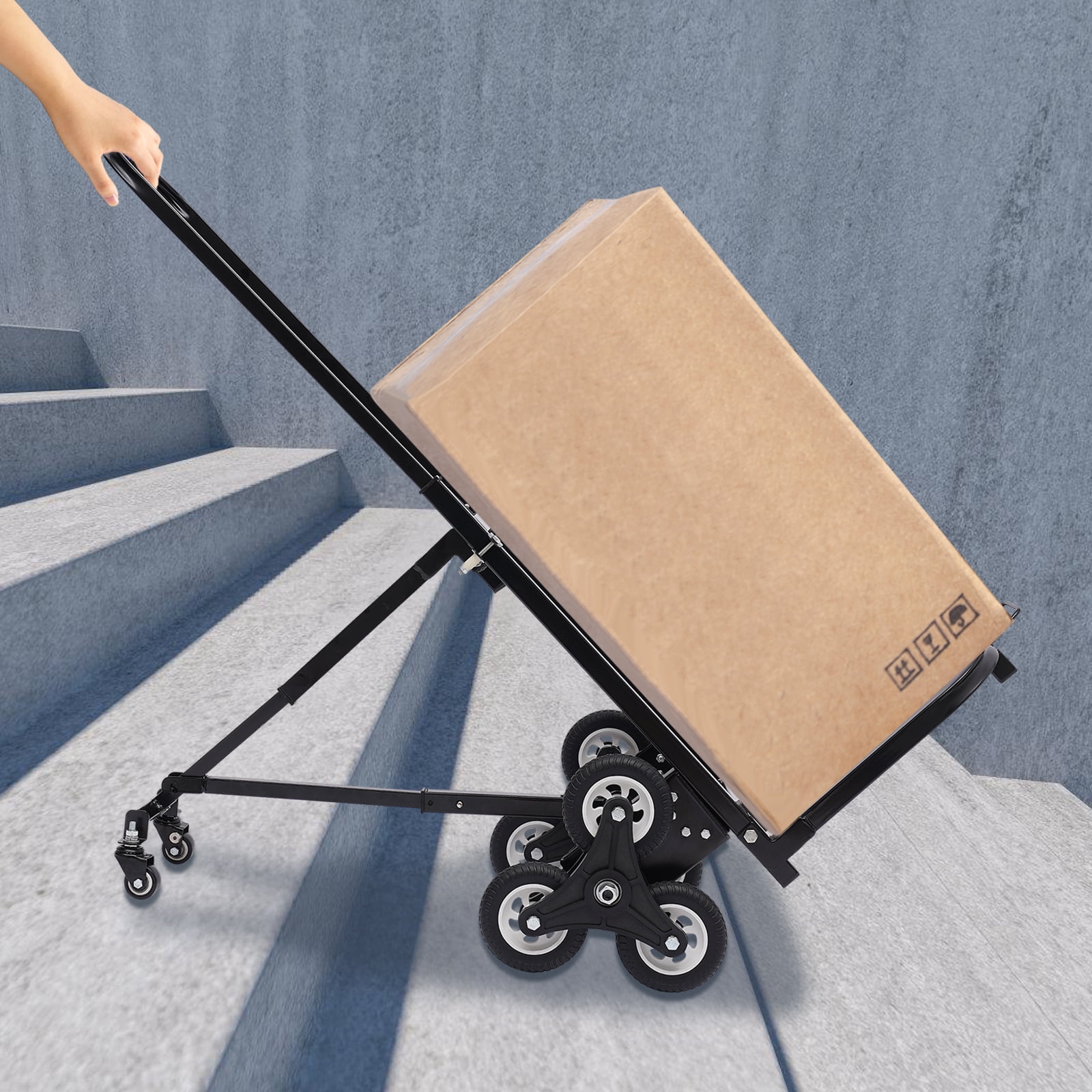 YIYIBYUS Stair Climbing Cart, Portable Folding Trolley with 8 Wheels, Stair Climber Hand Truck with Adjustable Handle for Pulling, Heavy Duty Dolly Cart for Stairs Black