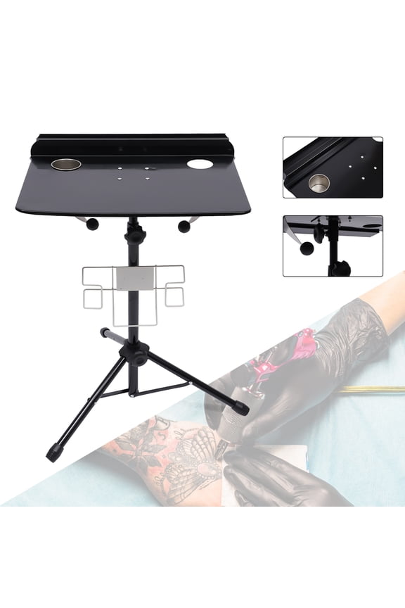 Tattoo Workbench Stand, Professional Adjustable Tattoo Table with Storage & Cup Holder, Heavy-Duty Stainless Steel Tripod Design for Tattoo Artists, Home Studio, Salon or Clinic, Black