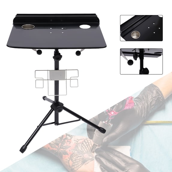 YIYIBYUS Tattoo Workbench Stand, Professional Adjustable Tattoo Table with Storage & Cup Holder, Heavy-Duty Stainless Steel Tripod Design for Tattoo Artists, Home Studio, Salon or Clinic, Black