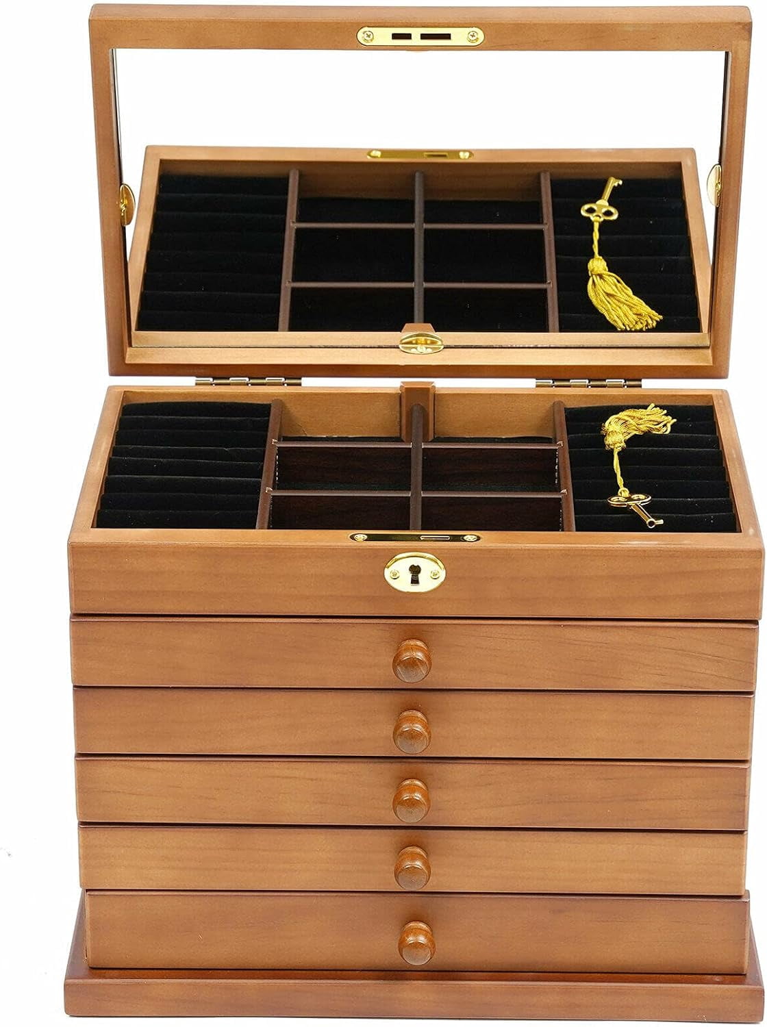YIYIBYUS Wooden Lockable Case Velvet Large Jewelry Box 6 Tier Four-Leaf ...