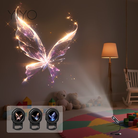 YIYOLICO USB- Plug & Play LED Projection Lamp Suitable for Walls/Ceiling/Tabletop, Crystal Butterfly Light with Beam, Decorative Mood for Bedroom,, Creative Gift for &
