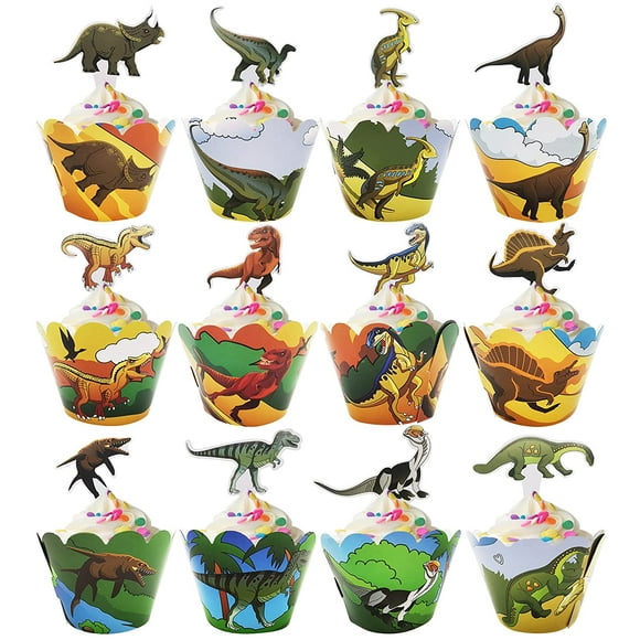 YIYOUZQT 48Pcs Dinosaur Cake Toppers Dinosaur Cupcake Wrappers and Toppers Supplies 24 Set Dinosaur Cake Decorations for Baby Shower Kids Party and Jurassic Dinosaur Birthday Party Supplies