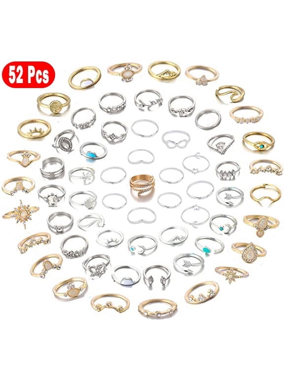 52 Pcs Vintage Knuckle Rings Set, Stackable Joint Finger Rings for Women, Bohemian Midi Rings, Boho Butterfly Snake Crystal Stacking Rings Set for Women Men