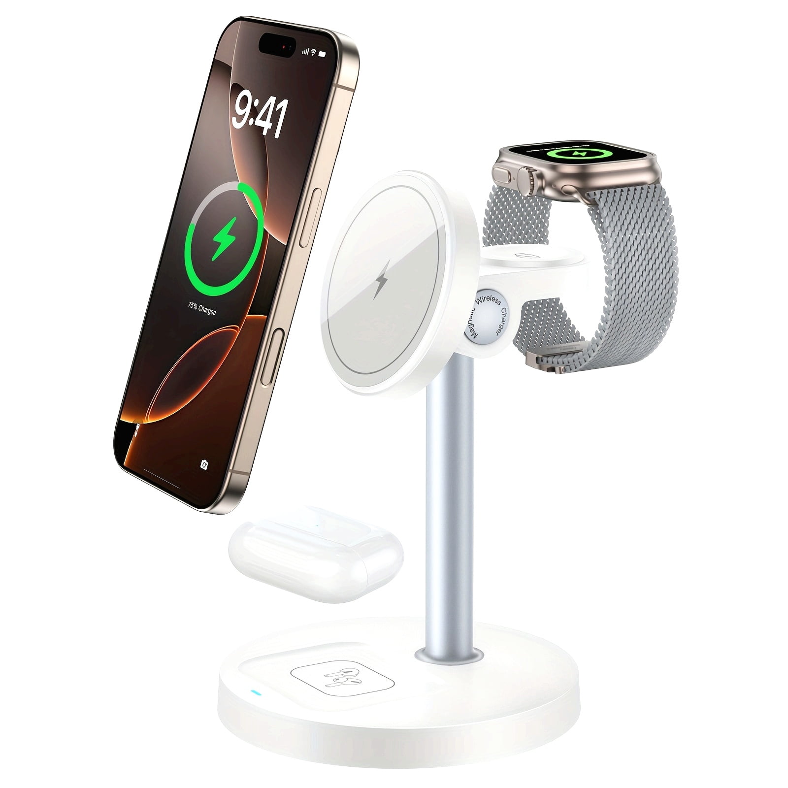 YIYUN 3-in-1 Magnetic Wireless Charger Stand – Cooling, Adjustable, for iPhone, Apple Watch & AirPods (White).
