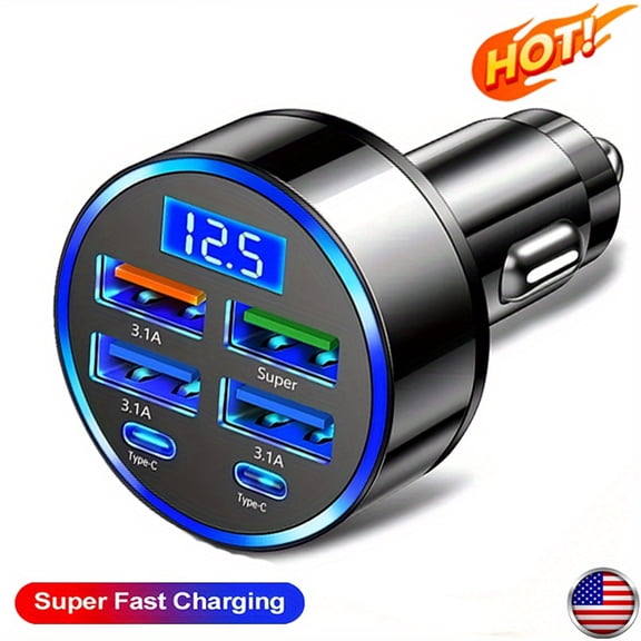 YIYUN Fast Charging Car Charger Adapter, Supporting Pd And Qc 3.0, 4 Usb Interface Type-C, Overspeed Usb 3.0, Digital Display Screen, Car Cigarette Lighter Plug, 125 Overheat Protection.