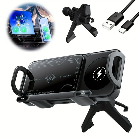 YIYUN Smart 2-in-1 Auto-Rotating Phone & Tablet Stand – Wireless Car Charger Mount with Fast Charging for Phones and Tablets.
