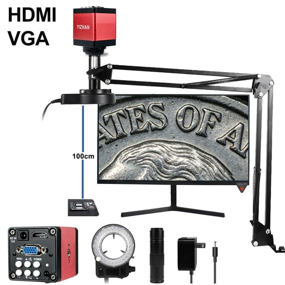 Yi Zhan 13MP 1080P HDMI VGA digital microscope camera with 150X zoom C-mount lens and LED ring light