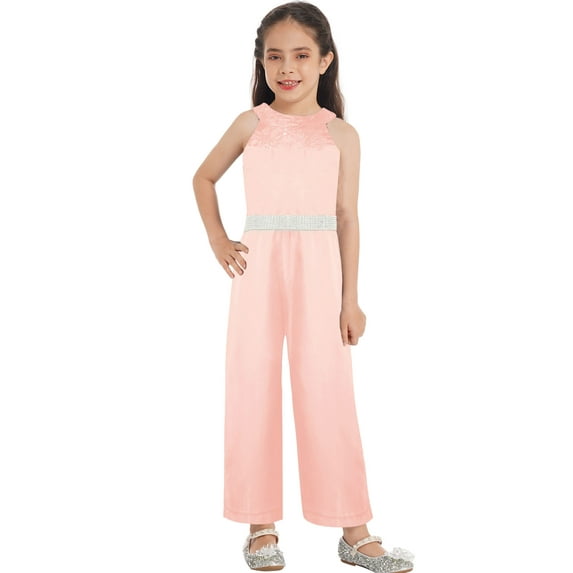 YIZYIF Big Girls Sleeveless Long Romper Cutout Back Shiny Waistline Jumpsuit for Birthday Party Ball Proms Pink 6
