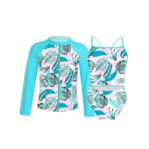 YIZYIF Big & Little Girls 3Pcs Tankini Set Swimsuit Juniors Floral Print Long Sleeve Rash Guard Bathing Suit White Blue 12