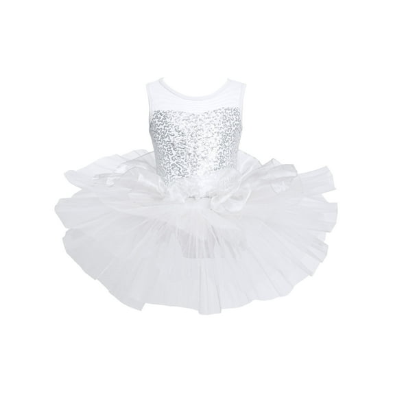 YIZYIF Big & Little Girls Ballet Dance Tutus Ballerina Sleeveless Dance Leotard Shiny Sequins Tutu Dress Dancewear A White 12