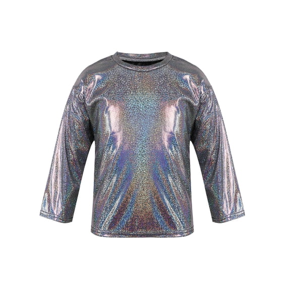 YIZYIF Big & Little Girls Metallic Holographic T-Shirt Casual Long Sleeve Loose Fit Shirt Dance Performance Tops Black 1-2