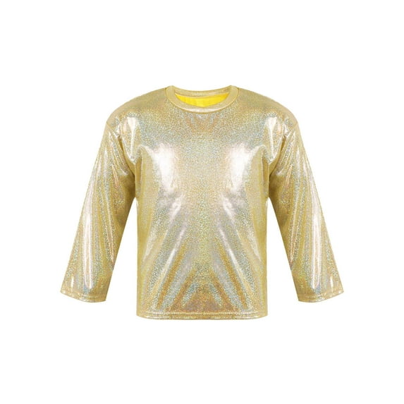 YIZYIF Big & Little Girls Metallic Holographic T-Shirt Casual Long Sleeve Loose Fit Shirt Dance Performance Tops Gold 2-3