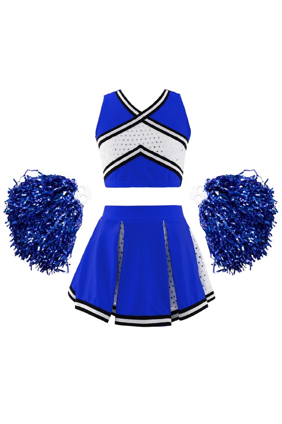 Cheer Leader Costume for Girls High School Cheerleading Uniforms Tank Top with Skirt Pompoms Outfit Set Royal Blue 4