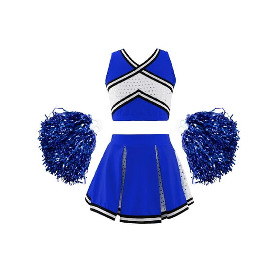 YIZYIF Cheer Leader Costume for Girls High School Cheerleading Uniforms Tank Top with Skirt Pompoms Outfit Set Royal Blue 6