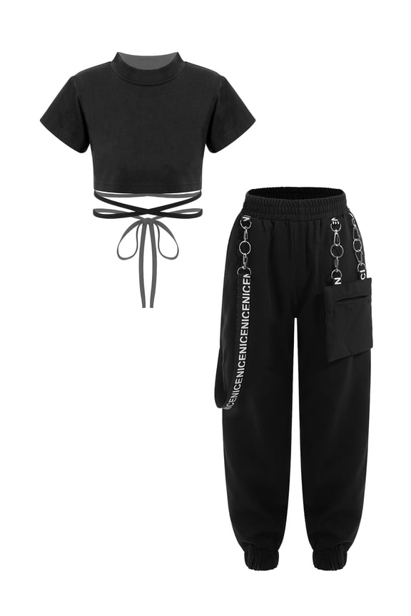 Girls 2Pcs Dance Suit Youth Short Sleeve Crop Top with Chain Pants Jazz Hip Hop Dance Costume Black 9-10