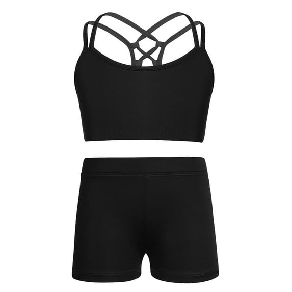 YIZYIF Girls 2Pcs Gymnastics Dance Outfit Strappy Hollow Out Crop Top with Shorts Activewear Athletic Set Black 6