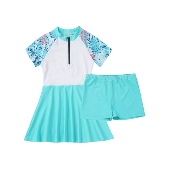 YIZYIF Girls 2Pcs Swimsuit Floral Print Swimming Dress with Shorts Set for Pool Beach Tropical Vacation Swimming