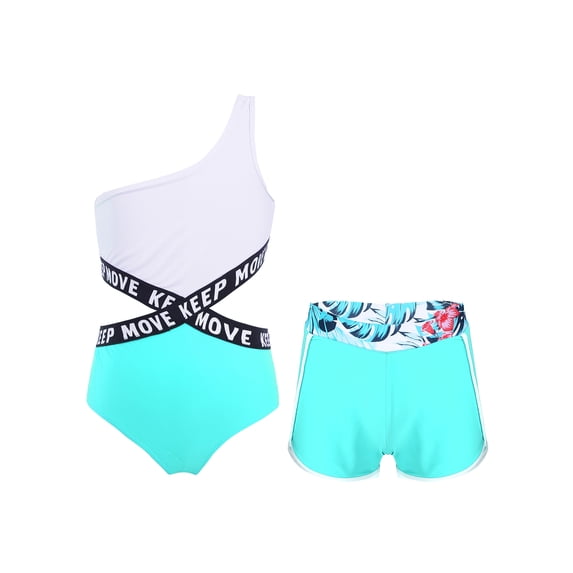 YIZYIF Girls 2Pcs Swimsuit One Shoulder Criss Cross Waistline Swimming Bodysuit with Shorts for Pool Swimming Lake Green 16