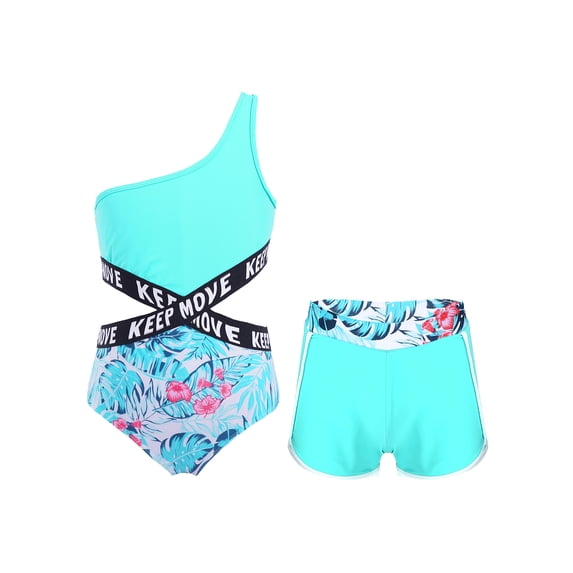 YIZYIF Girls 2Pcs Swimsuit One Shoulder Criss Cross Waistline Swimming Bodysuit with Shorts for Pool Swimming Leaf 12
