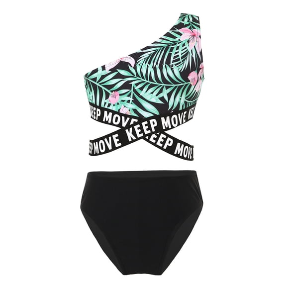YIZYIF Girls 2Pcs Swimsuit One Shoulder Cross Sash Tops with Briefs Set Bathing Suit for Water Sports Swimming Training