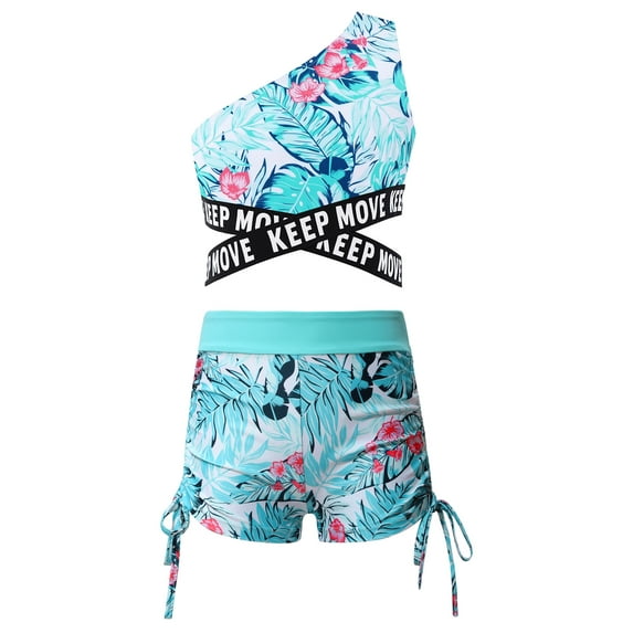 YIZYIF Girls 2Pcs Swimsuit Single Shoulder Swim Tops with Drawstring Shorts Water Sports Beachwear Bathing Suit Leaf 6