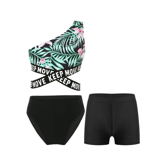 YIZYIF Girls 3Pcs Swimsuit Single Shoulder Strap Crop Top with Briefs Shorts Set Water Sports Swimwear A Green&Black 8