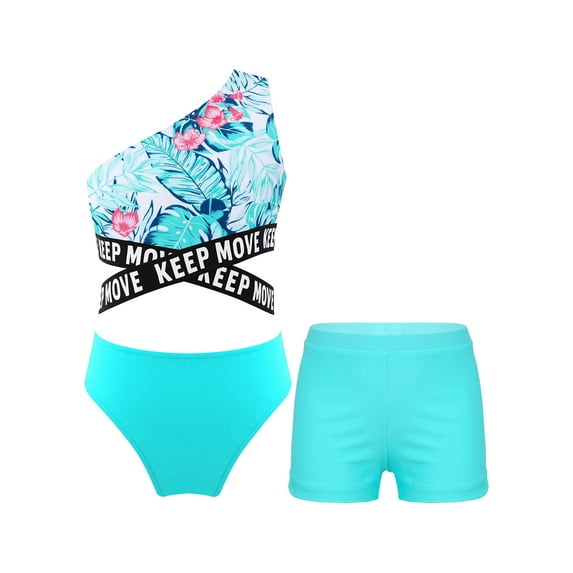 YIZYIF Girls 3Pcs Swimsuit Single Shoulder Strap Crop Top with Briefs Shorts Set Water Sports Swimwear Light Green 14