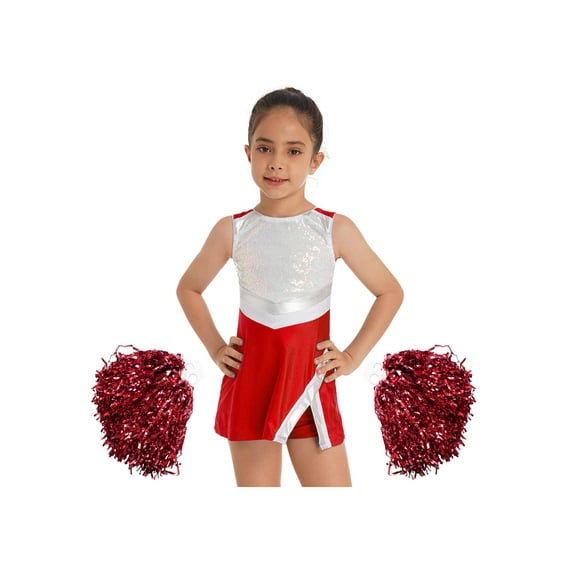 YIZYIF Girls Cheerleading Outfit Dance Suit Sleeveless Shiny Sequins Dress with Shorts Pompoms Set