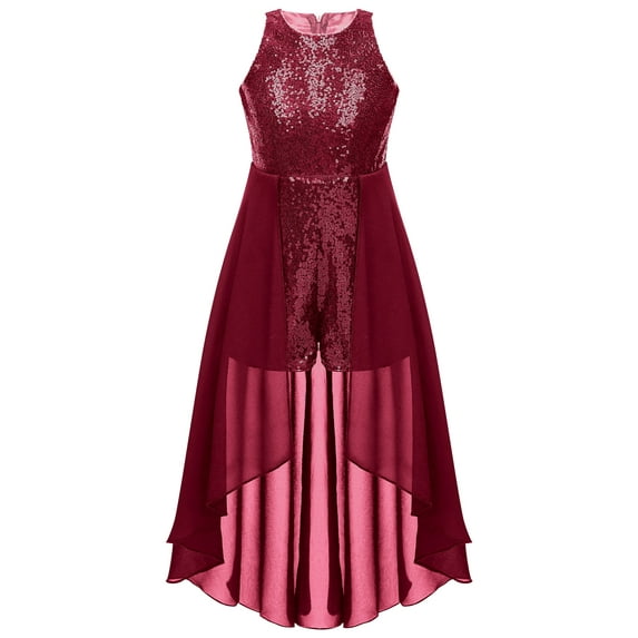 YIZYIF Girls Chiffon Shiny Sequins Birthday Prom Party Romper Dress Sleeveless Wedding Pageant Dress Burgundy 6