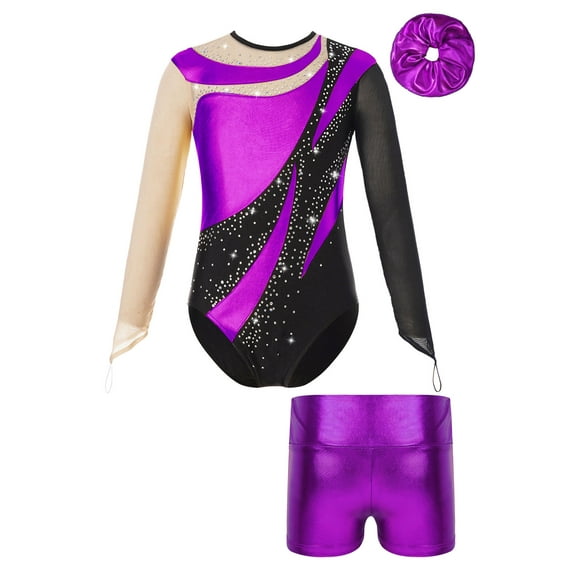 YIZYIF Girls Figure Skating Acrobatics Outfit Gym Suit Metallic Gymnastics Leotard with Shorts Hair Band Purple 8