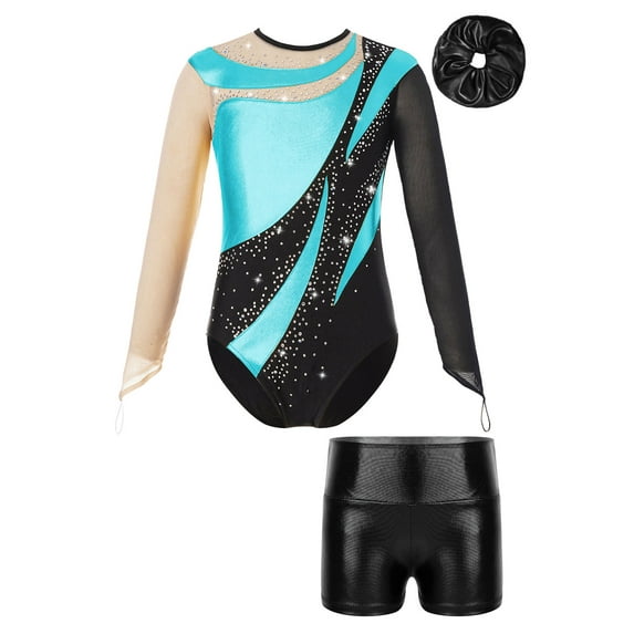 YIZYIF Girls Figure Skating Acrobatics Outfit Gym Suit Metallic Gymnastics Leotard with Shorts Hair Band Turquoise&Black 14