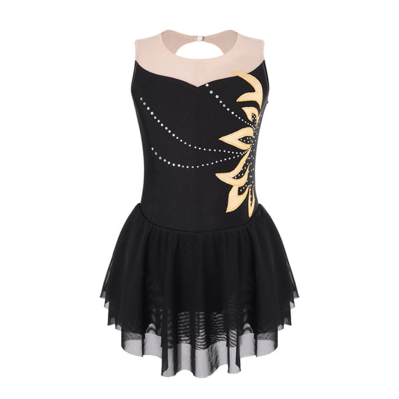 YIZYIF Girls Figure Skating Dress Hollow Back Rhythmic Gymnastic Costume Mesh Splice Leotard Dress Dancewear Black 16