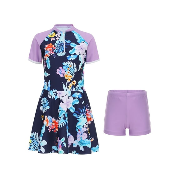 YIZYIF Girls Floral/Stripes Print Swimsuit Quickly-dry Swim Dress with Shorts Set Water Park Pool Bathing Suit A Purple 6-7