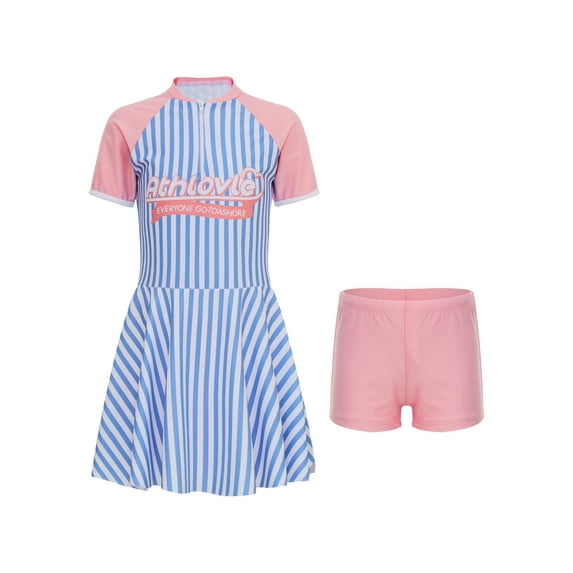 YIZYIF Girls Floral/Stripes Print Swimsuit Quickly-dry Swim Dress with Shorts Set Water Park Pool Bathing Suit Pink 13-14