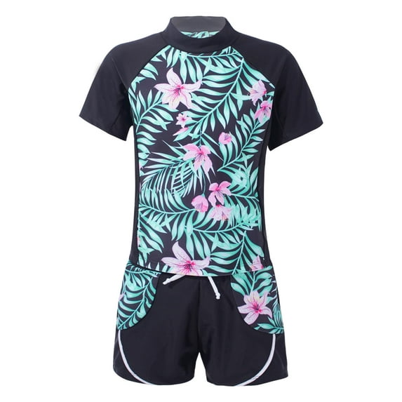 YIZYIF Girls Flowers Print 2Pcs Swimsuit Short Sleeve Swimming Shirt Tops with Drawstring Shorts Youth Beachwear