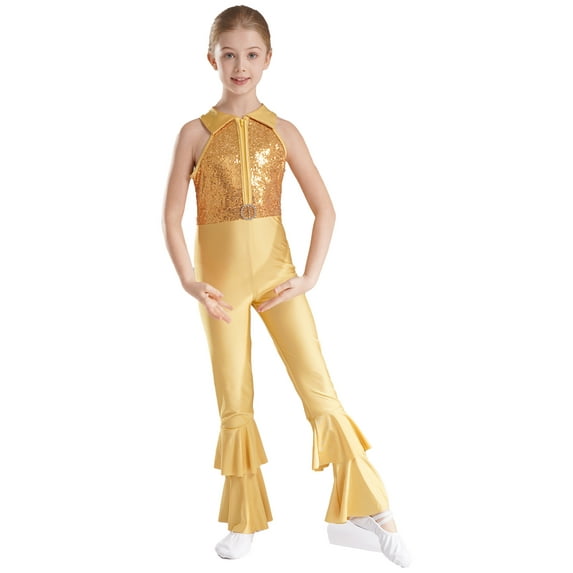 YIZYIF Girls Full Length Bronzing Gymnastics Unitard Metallic Shiny Sequins Ruffles Hem Dance Leotard,Sizes 6-14 Gold 10