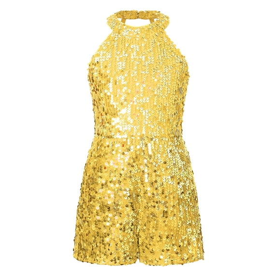 YIZYIF Girls Halter Neck Allover Sequins Dance Leotard Sleeveless Backless Romper Pageant Banquet Dress Up Gold 14