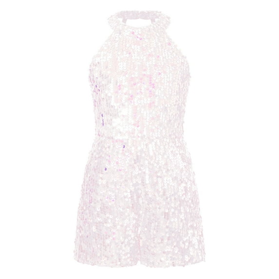 YIZYIF Girls Halter Neck Allover Sequins Dance Leotard Sleeveless Backless Romper Pageant Banquet Dress Up Pink 12